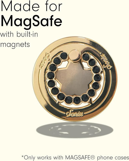 Sonix Magnetic Phone Grip and Phone Ring Holder - Compatible with MagSafe - Rotatable Kickstand and Phone Holder for iPhone 16, 15, 14, 13, 12 Series - Gold Star/Black Rhinestone