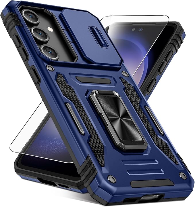 Caka for Samsung Galaxy S24 FE Case [HD Screen Protector] [Full Camera Lens Cover] [360°Rotated Kickstand Ring] [Heavy Duty Protection] Hard Rugged Protective Phone Cover for S24 FE - Blue