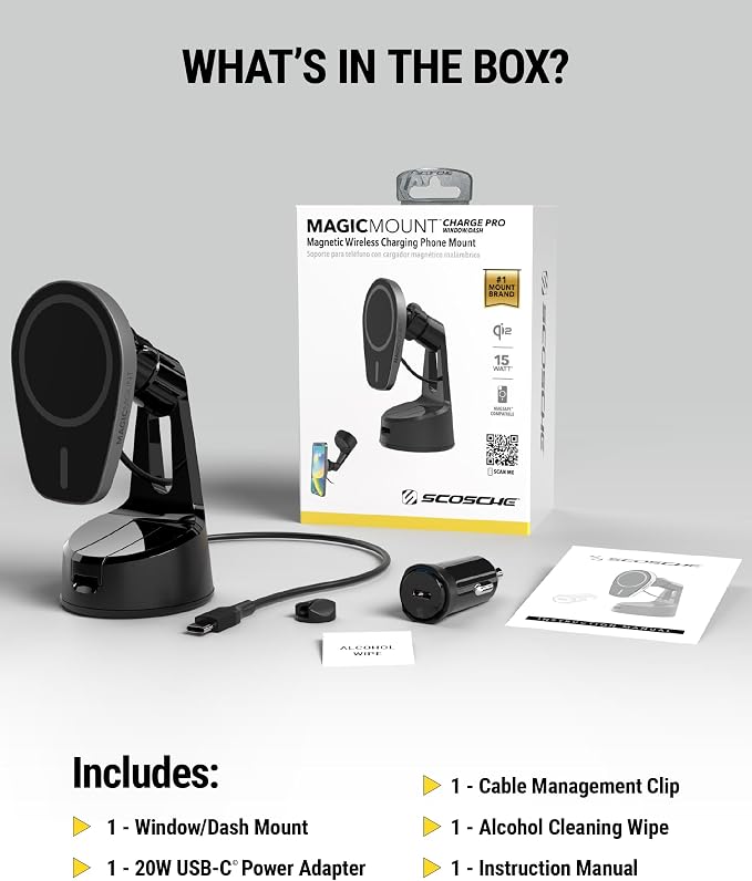 Scosche MPQMWD Charge Pro Qi2 MagSafe Charger Car Mount, 15W Fast Magnetic Wireless Charging Suction Cup Phone Holder for Dashboard/Windshield Compatible with iPhone 16/15/14/13/12 Pro Max Plus, S25