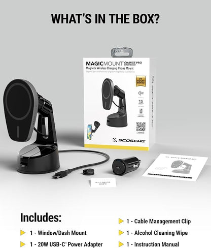 Scosche MPQMWD Charge Pro Qi2 MagSafe Charger Car Mount, 15W Fast Magnetic Wireless Charging Suction Cup Phone Holder for Dashboard/Windshield Compatible with iPhone 16/15/14/13/12 Pro Max Plus, S25