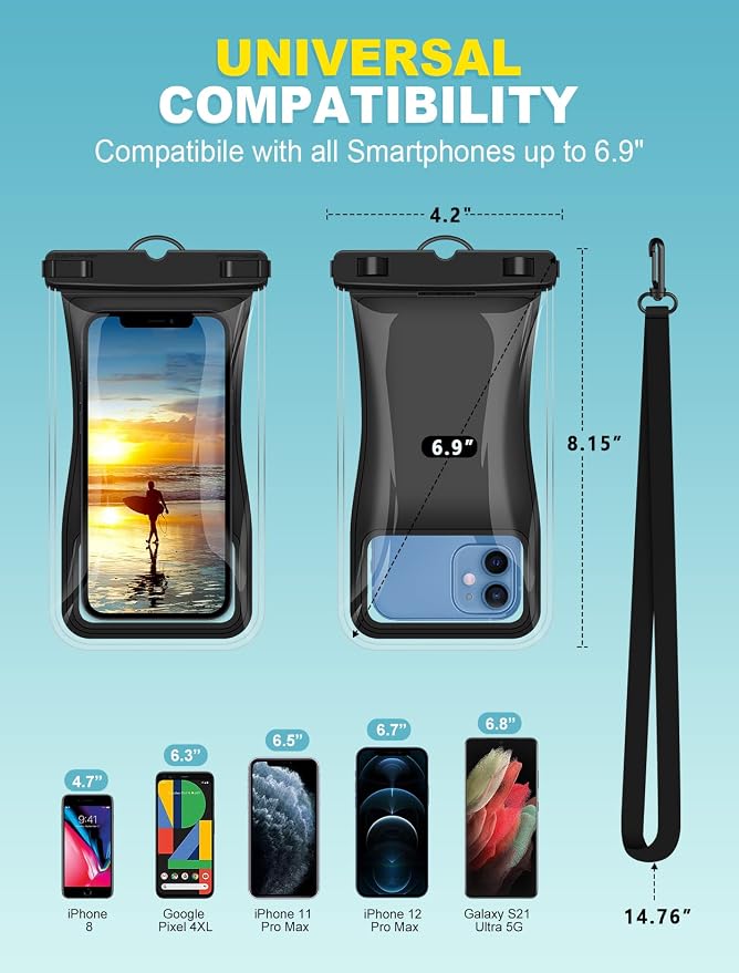 Waterproof Phone Pouch [2 Pack][Super Buoyant] Floating IPX8 Waterproof Phone Case Beach Cruise Ship Travel Essentials Cellphone Dry Bag for iPhone 17 16 15 14 13 12 Pro XS XR X Up to 6.9''