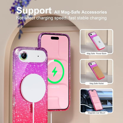 Choiche Magnetic for iPhone 17 Air Case Compatible with MagSafe, Women Cute Glitter Sparkly Phone Case with Diamond Camera Lens Protectors, Military-Grade Drop Protection 6.5" (Purple/Pink)