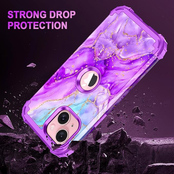 Casetego for iPhone 13 Case,iPhone 14 Case,Three Layer Heavy Duty Sturdy Shockproof Protection Full Rugged Hard PC+Soft TPU Bumper Protective Girls Case for Apple iPhone 13/14 6.1 inch,Bright Purple