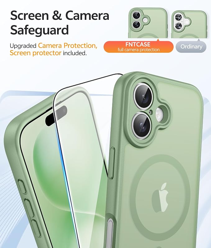 FNTCASE for iPhone 16 Plus Case: [Compatible with Magsafe] Integrated Silicone Phone Cases with [Full Camera Protection] [Screen Protector] Military Grade Shockproof Protective Cover - Light Moss