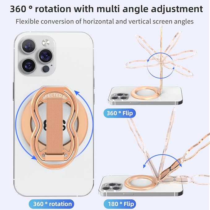 RESPECTED-BRO-Magnetic-Phone-Grip-Stand-with-Finger-Strap, 4-in-1 Magnetic Ring Holder, Kickstand and Elastic Strap for Phones, Universal Fit for iPhone 17/16/15/14/13/12, Android and Cases(Rose Gold)