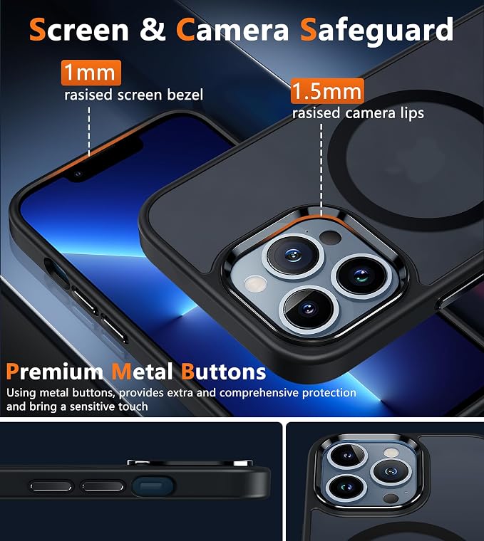 FNTCASE for iPhone 13 Pro Max Case: [Compatible with Magsafe] Translucent Matte Cases with [Screen Protector] Military Grade Shockproof Protective Phone Cover - Black