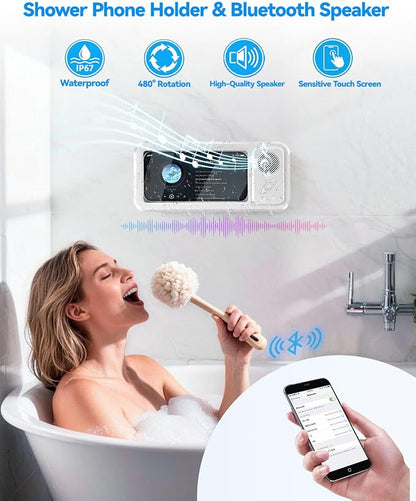 Shower Phone Holder with Wireless Bluetooth Speaker, 2026 New Waterproof Shower Phone Case for Any Phone, Wall Mounted Phoneholder for Bathroom Mirror (White)