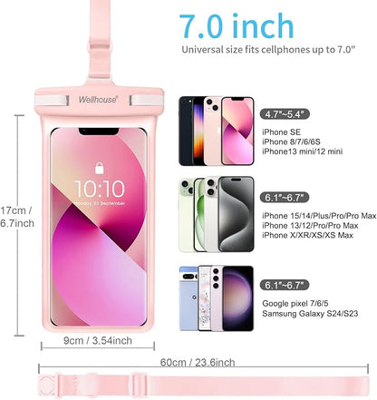 wellhouse Waterproof Phone Pouch, Waterproof Phone Case for iPhone 17 16 15 14 13 Pro Max XS Samsung, IPX8 3D Cellphone Dry Bag Beach Essentials (2 Pack - Blue & Pink7.0, 7 inch)