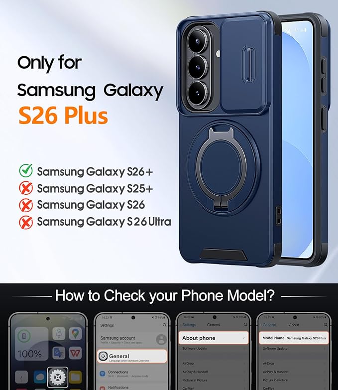 JAME for Samsung Galaxy S26+ Plus Case, Ring Holder Stand Kickstand, Slide Camera Cover with Screen Protector, Dual-Layer Shockproof Protective, Magnetic Accessory Friendly S26 Plus Phone Case, Blue