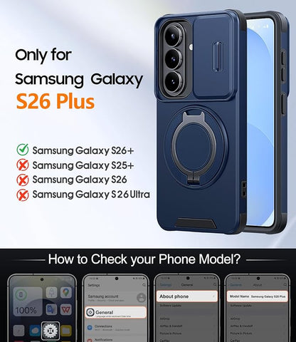 JAME for Samsung Galaxy S26+ Plus Case, Ring Holder Stand Kickstand, Slide Camera Cover with Screen Protector, Dual-Layer Shockproof Protective, Magnetic Accessory Friendly S26 Plus Phone Case, Blue