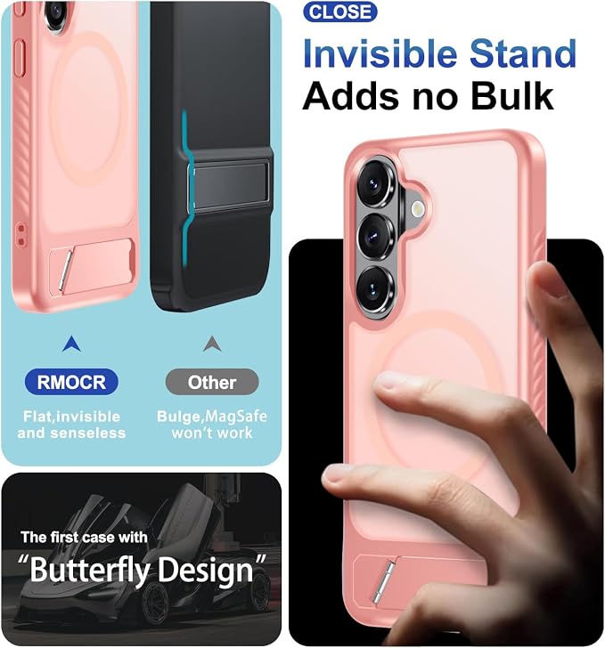 RMOCR for Samsung Galaxy S26 Case with Screen Protector+Lanyard Wrist Strap,Magnetic Translucent Matte Rugged Slim Phone Cover Built in Invisible Kickstand [Fit for MagSafe],2026 Cute Pink
