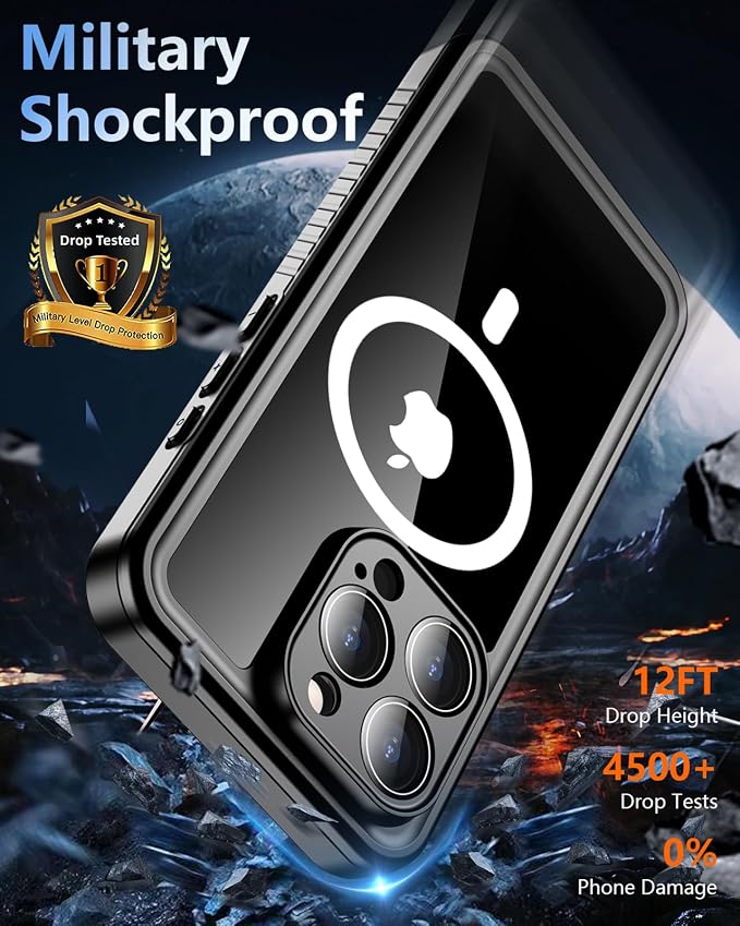 Oterkin Waterproof Case for iPhone 16 Pro Max Case Compatible with MagSafe,Full Body Rugged 16 Pro Max Phone Case with Built-in HD Screen & Lens Protector [12FT Military] Case (Black)