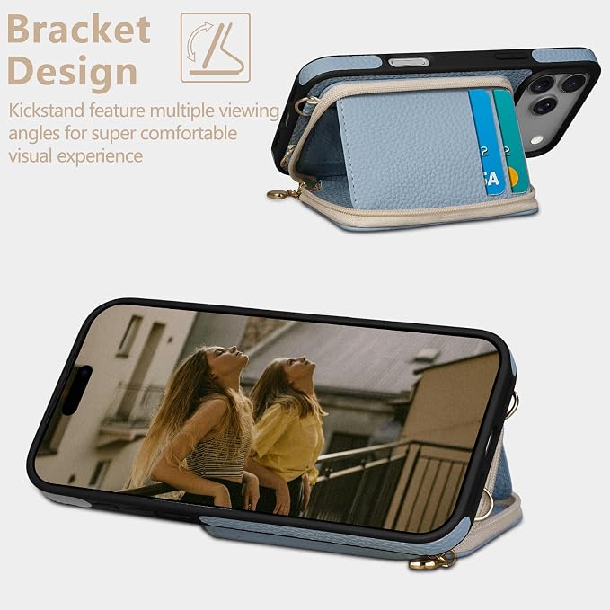 Keallce Case for iPhone 17 Pro Max 6.9'' Case Wallet, Crossbody Zipper Purse with RFID Blocking Card Slots Kickstand, Lanyard & Handstrap Flip Folio Leather Phone Cover for iPhone 17 Pro Max, Blue