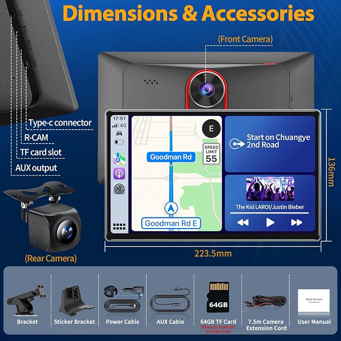 9 inch Carplay Screen for Wireless Apple Carplay & Android Auto, Car Tablet with 4K Dash Cam, 1080P Backup Camera, Bluetooth, Navigation, Mirror Link, Voice Control Car Play Screen