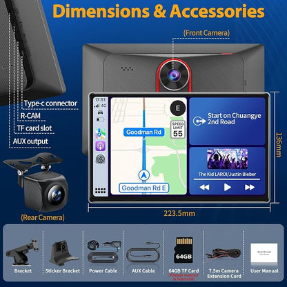 9 inch Carplay Screen for Wireless Apple Carplay & Android Auto, Car Tablet with 4K Dash Cam, 1080P Backup Camera, Bluetooth, Navigation, Mirror Link, Voice Control Car Play Screen