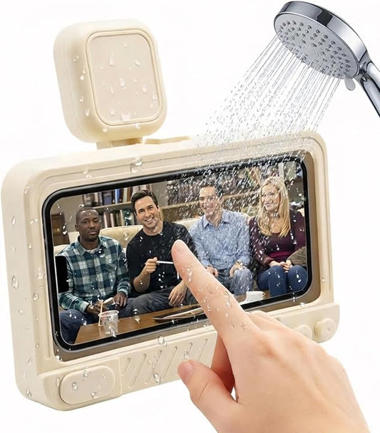 Shower Phone Holder Waterproof 360° Adjustable Rotating, Anti-Fog Touch Screen Wall Mount Phone Stand for Bathroom Mirror Bathtub Kitchen, Fits iPhone 17 16 15 Pro Max for 4-7" Cellphones Beige