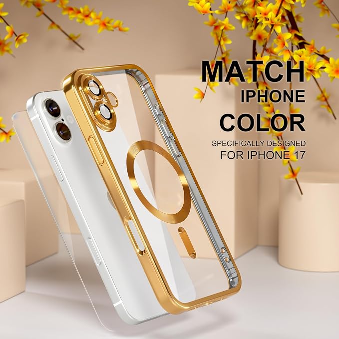 Misea Magnetic for iPhone 17 Case Compatible with MagSafe [Never Yellowing] [Military Grade Drop Protection] Full Camera Lens Protector Plating Soft Clear Phone Case for Women, Gold