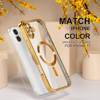 Misea Magnetic for iPhone 17 Case Compatible with MagSafe [Never Yellowing] [Military Grade Drop Protection] Full Camera Lens Protector Plating Soft Clear Phone Case for Women, Gold