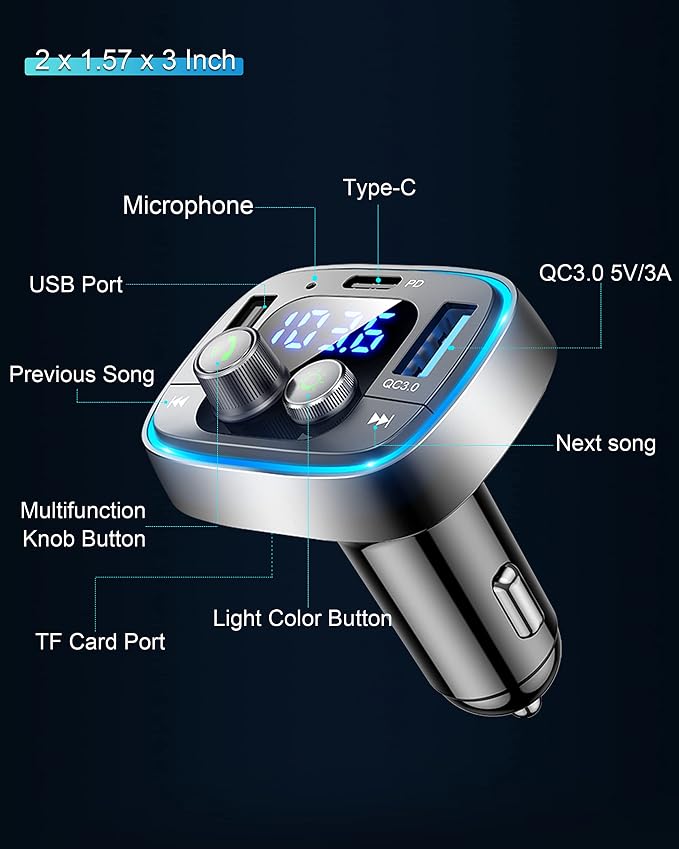 LIHAN USB C Bluetooth 5.4 Car Adapter, Wireless Upgrade Audio System for Non-Bluetooth Vehicles, FM Radio Transmitter, 48W Fast Charging, Stable Hands-Free Calling, MP3 Music Player, Support USB/TF