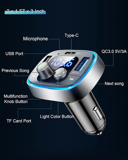 LIHAN USB C Bluetooth 5.4 Car Adapter, Wireless Upgrade Audio System for Non-Bluetooth Vehicles, FM Radio Transmitter, 48W Fast Charging, Stable Hands-Free Calling, MP3 Music Player, Support USB/TF