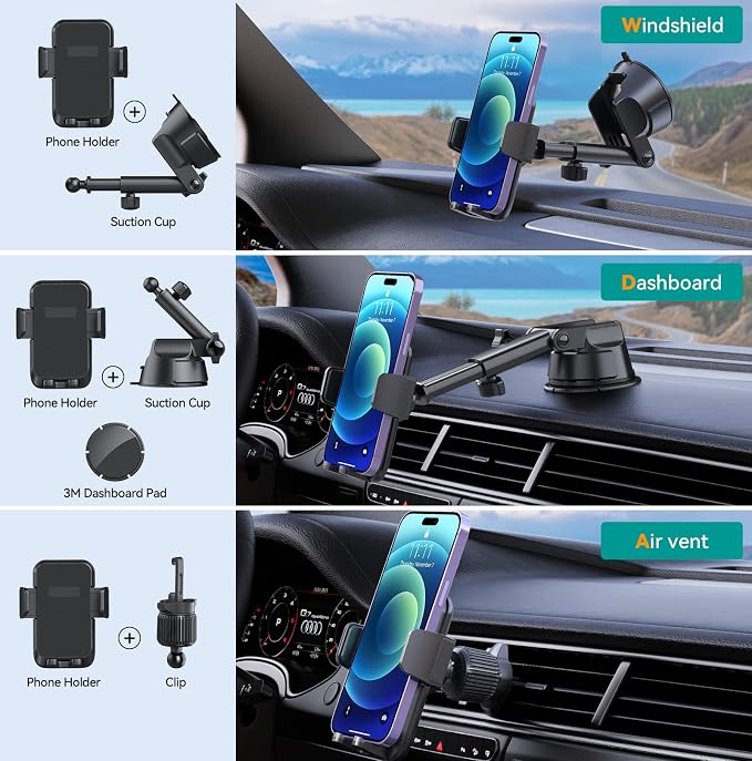 Car Phone Holder Mount, [Military-Grade Suction & Super Sturdy Base] 3 in 1 Universal Phone Mount for Car Dashboard Windshield Air Vent Dash Pad Car Mount for iPhone Android Smartphone