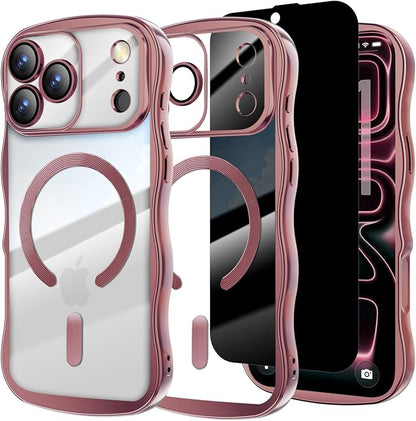 Misscase Designed for iPhone 17 Pro Case 6.3",with Privacy Screen Protector*1,Cute Wave Frame Case with Camera Lens Protector,Compatible with MagSafe Plating Bling for Women Pink