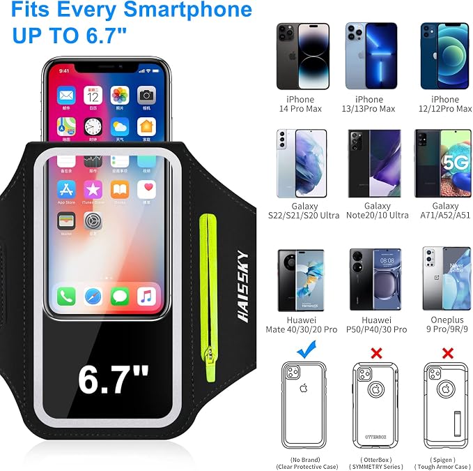 Phone Armband for Running Cell Phone Armband with Zipper Pocket for Earbuds Car Keys, Water Resistant Sport Arm Band for iPhone 17 16 15 12 11 Pro Galaxy S24 S20 Fit Up to 6.7'' with Phone Case