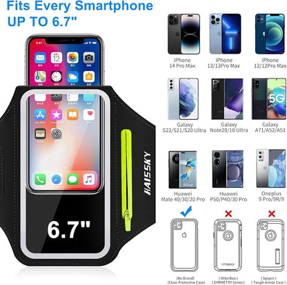 Phone Armband for Running Cell Phone Armband with Zipper Pocket for Earbuds Car Keys, Water Resistant Sport Arm Band for iPhone 17 16 15 12 11 Pro Galaxy S24 S20 Fit Up to 6.7'' with Phone Case