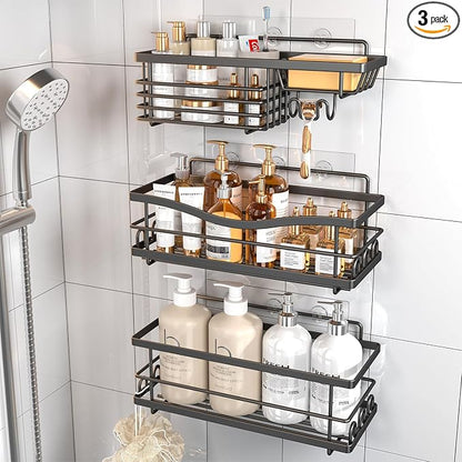 Youvip Shower Caddy, 3 Pack Large Capacity Bathroom Organizers and Storage, No Drilling Adhesive Rustproof Shelves with Soap Holder, Home Decor, Black