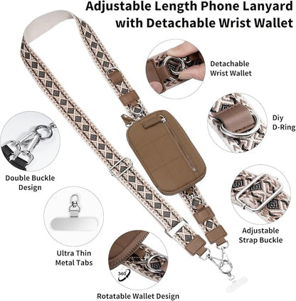 Tiostep Clip and Go Strap for Phone with Wallet Crossbody Phone Lanyard with Anti-Theft Zipper Pouch Detachable Quilted Wrist Wallet with RFID and ID Window for Daily and Travel