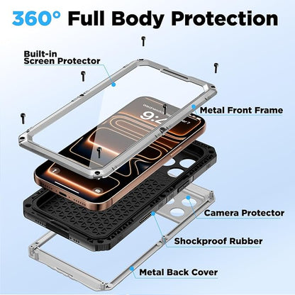 Beasyjoy for iPhone 17 Pro Max Case Waterproof, Heavy Duty Metal Case with Built-in Screen Protector, Full Body Rugged Military Grade Shockproof Dustproof Cover for Construction Outdoor 6.9", Silver