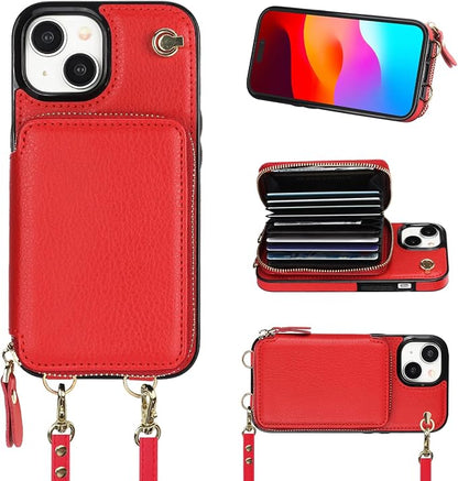 Bocasal Crossbody Wallet Case for iPhone 15, RFID Blocking Leather Purse Case with Card Holder, Protective Handbag Flip Cover with Zipper Wrist Strap Lanyard for Women 5G 6.1 Inch (Red)