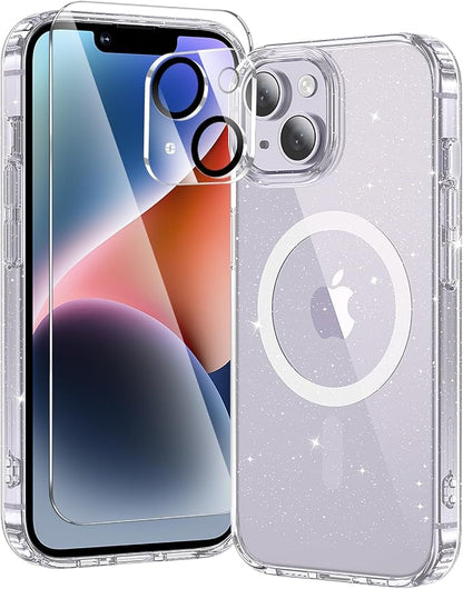 3 in 1 for iPhone 14 Case Clear with MagSafe, Not Yellowing, Screen Protector*1 Camera Lens Protector*1, Military-Grade Protection for iPhone 14 Phone Case 6.1 inch Clear Glitter