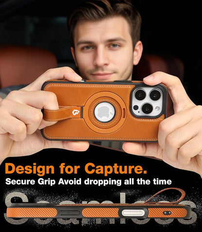 for iPhone 16 Pro Leather Case with Stand, Anti-Slip Grip Ring, Fits for MagSafe (Brown, iPhone 16 Pro)