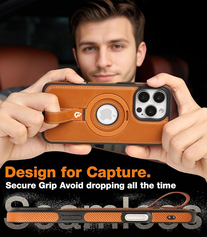 for iPhone 14 Pro Leather Case with Stand, Anti-Slip Grip Ring, Fits for MagSafe (Brown, iPhone 14 Pro)