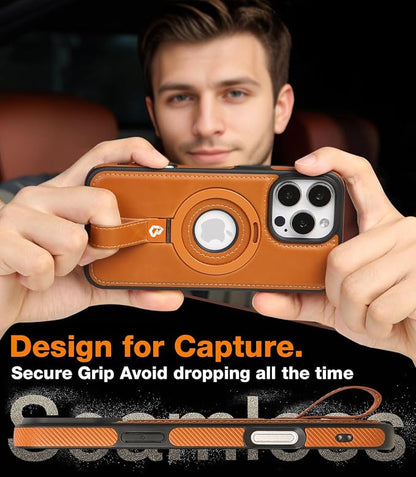 for iPhone 15 Pro Max Leather Case with Stand, Anti-Slip Grip Ring, Fits for MagSafe (Brown, iPhone 15 Pro Max)