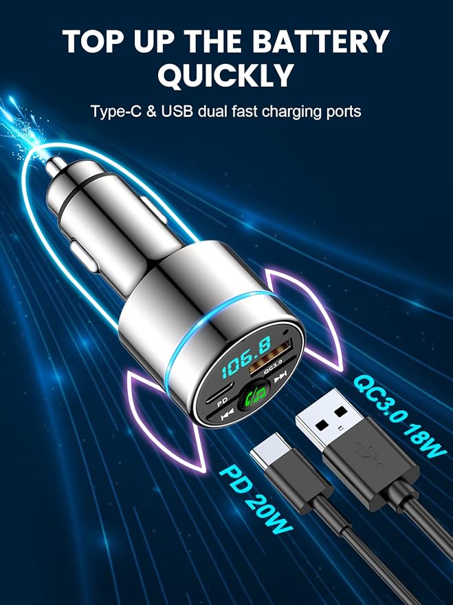 FM Transmitter for Car Bluetooth 5.3, [All-Metal] PD 30W & QC3.0 18W Fast Car Charger, Wireless FM Radio Kit Bluetooth Car Adapter, Noise Cancelling Hands-Free Call, Blue Light - Silver