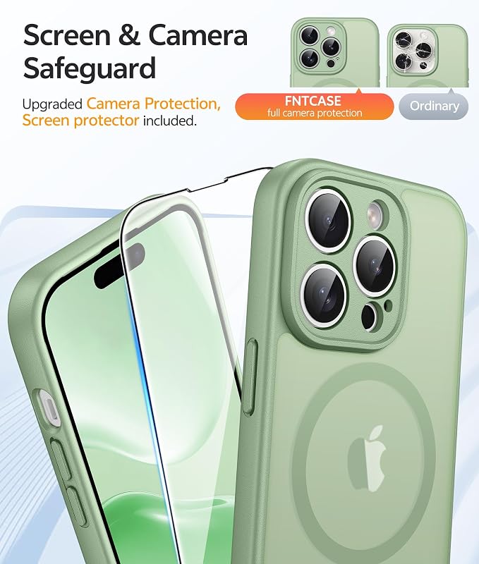 FNTCASE for iPhone 14 Pro Case: [Compatible with Magsafe] Translucent Matte Cases with [Full Camera Protection] [Screen Protector] Military Grade Shockproof Protective Phone Cover - Light Moss