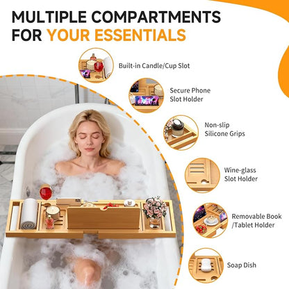 Premium Bamboo Bathtub Caddy Tray with Extending Sides, Adjustable Wood Bath Tray for Luxury Bath, Fits Most Tubs, Accessories Gift Idea