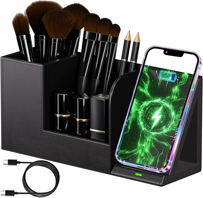 LADSTAG Makeup Brush Holder Organizer, Leather Makeup Brush Cup with Phone Charging Stand for Cosmetics, Nail Polish, Lipstick & Art Supplies – Vanity Desktop Bathroom Organizer