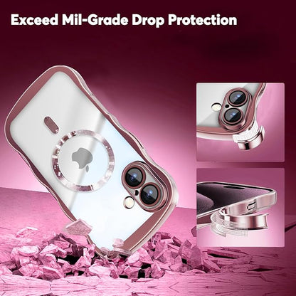 Misscase for iPhone 17 Case with Privacy Screen Protector,Compatible with MagSafe,Cute Wave Frame Anti-Scratch Case with Camera Lens Protector Plating Bling Case for iPhone 17 6.3" Women Pink
