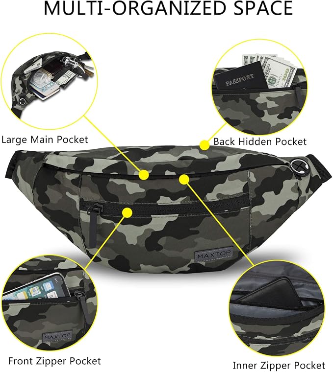 MAXTOP Large Crossbody Fanny Pack with 4-Zipper Pockets,Gifts for Enjoy Sports Festival Workout Traveling Running Casual Hands-Free Wallets Waist Pack Phone Bag Carrying All Phones