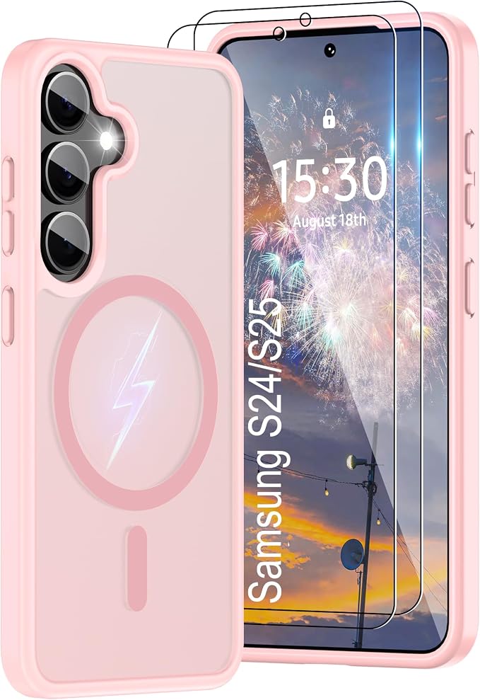 For Samsung Galaxy S24 Case & Galaxy S25 Case [Compatible with Magsafe] Translucent Matte Magnetic Phone Case,Slim Thin Duty Shockproof Protection Cover with 2pc HD Screen Protector for S24/S25-Pink