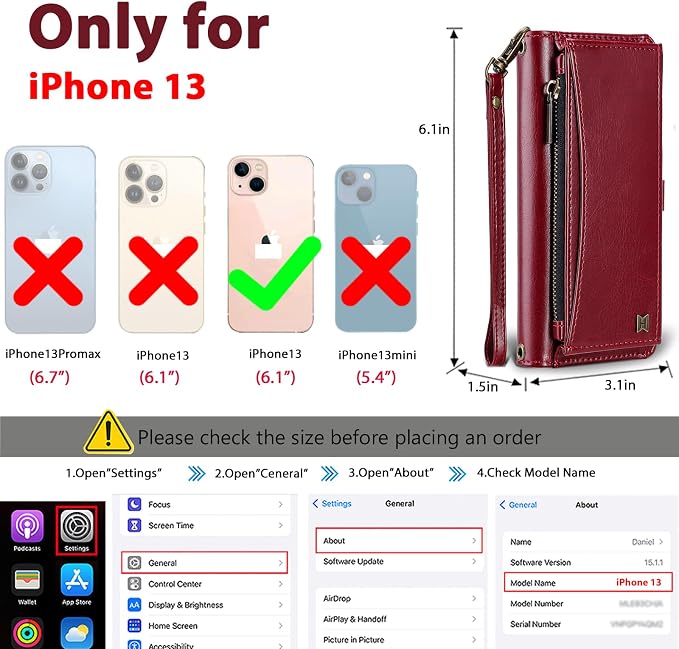 Wallet Case for iPhone 13 with Card Holder/Crossbody Wallet/Strap| RFID Blocking | Magnetic | Kickstand | Detachable | PU Leather Phone Case for iPhone 13,6.1 in,Wine Red