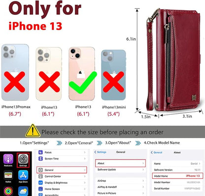 Wallet Case for iPhone 13 with Card Holder/Crossbody Wallet/Strap| RFID Blocking | Magnetic | Kickstand | Detachable | PU Leather Phone Case for iPhone 13,6.1 in,Wine Red