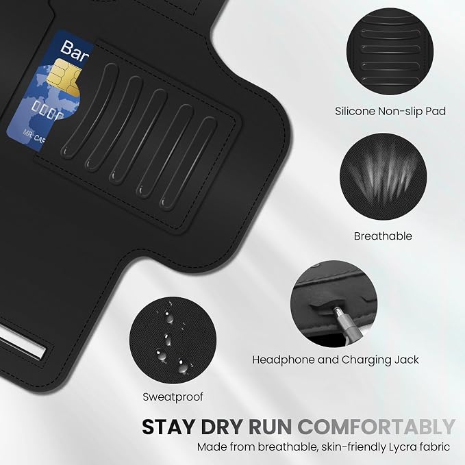 PORTHOLIC 2025 Running Armband Water Resistant Sports Phone Holder Case with Extension Strap, Key Card Slot Up to 6.9" Phone for iPhone 17/16/15/14/13 Plus Air Pro Max XR/XS, Galaxy S25/24/S10