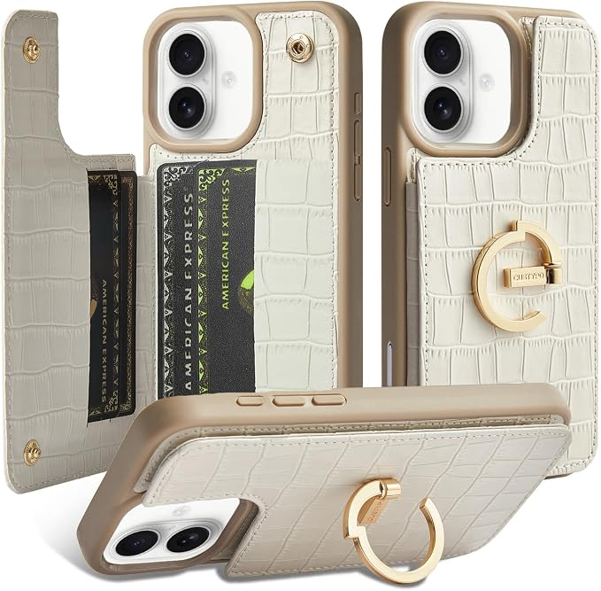 CUSTYPE Compatible with iPhone 17 Wallet Case with Card Holder,180°Ring Holder Kickstand Card Slots Case,PU Leather Protective Case for iPhone 17 6.3 inch-Beige