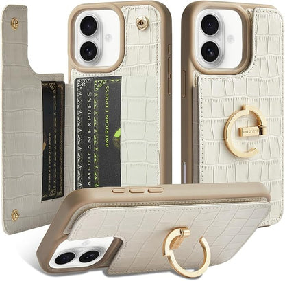 CUSTYPE Compatible with iPhone 17 Wallet Case with Card Holder,180°Ring Holder Kickstand Card Slots Case,PU Leather Protective Case for iPhone 17 6.3 inch-Beige