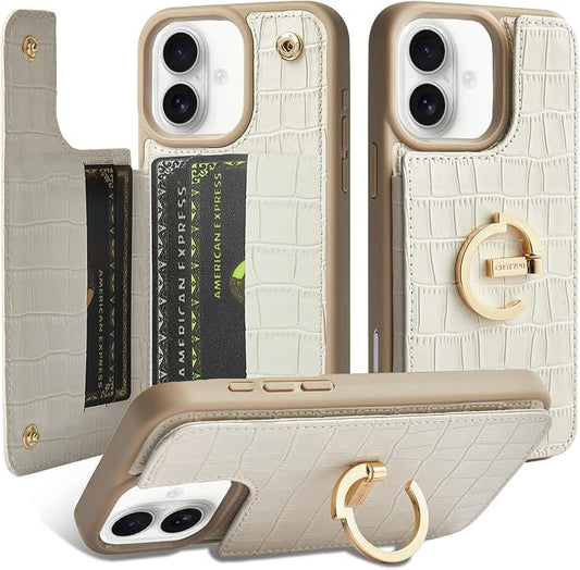 CUSTYPE Compatible with iPhone 17 Wallet Case with Card Holder,180°Ring Holder Kickstand Card Slots Case,PU Leather Protective Case for iPhone 17 6.3 inch-Beige