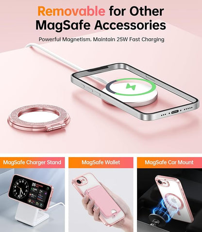 Meifgino Magnetic Case with Removable Phone Ring Stand for iPhone 16E 6.1’’, [Glitter Card & Wrist Strap] [MagSafe Compatible] [Built in Mirror] Phone Ring Stand + Phone Case Kit, Rose Gold